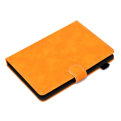 Orange tablet leather flip cover with rounded elastic strap and black edge trim