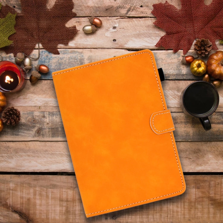 Orange tablet leather flip case with stitched closure tab and dark edge binding