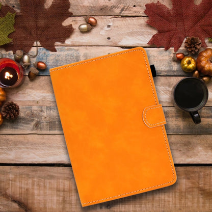 Orange tablet leather flip case with stitched closure tab and dark edge binding