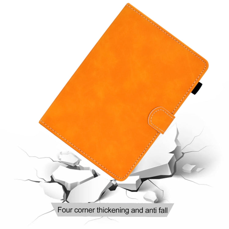 Orange tablet leather flip case with reinforced corners and snap strap closure