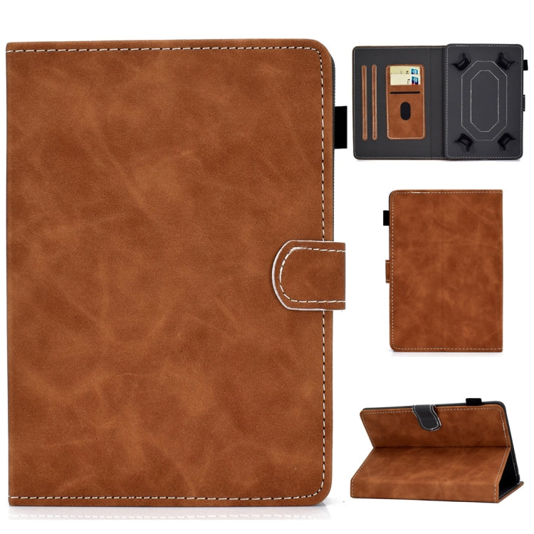 Brown flip leather tablet case with side card holder flap and double-stitch trim