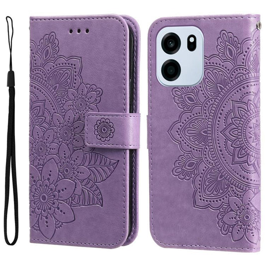 Light purple embossed leather phone case with seven-petal floral pattern, folio with strap