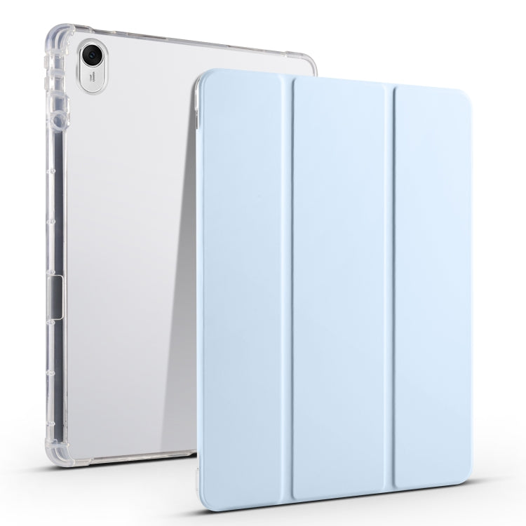 3-fold transparent TPU tablet case with light blue folio cover panels