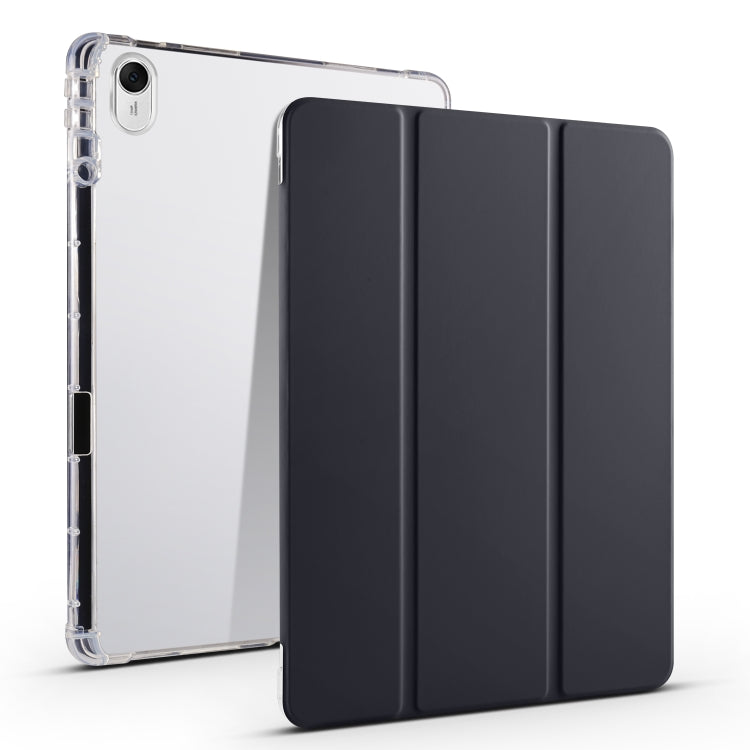 3-fold transparent TPU tablet case with dark charcoal folio cover panels