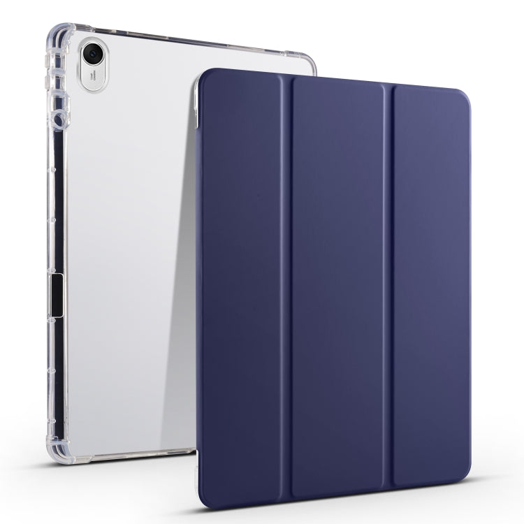 3-fold transparent TPU tablet case with navy blue folio cover panels