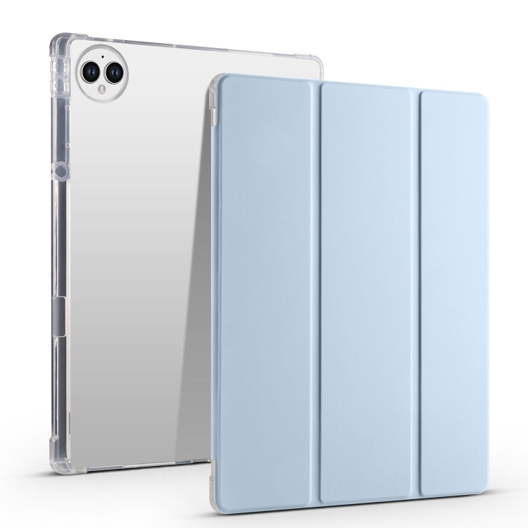 Light blue tri-fold smart tablet case with transparent TPU back cover