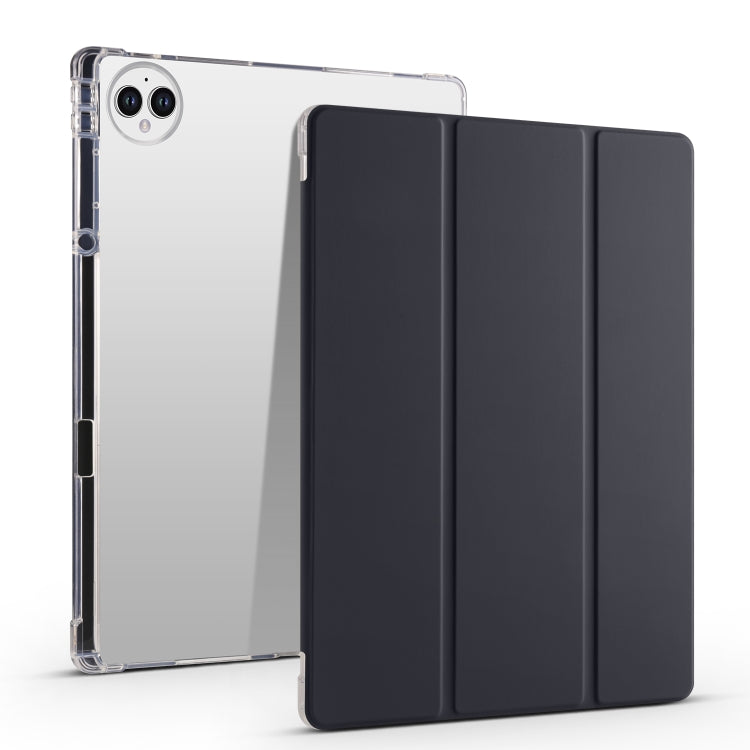 Black tri-fold smart tablet case with transparent TPU back cover