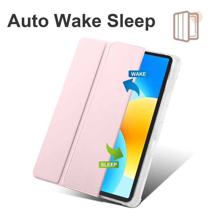 3-fold tablet case with transparent TPU back and light pink tri-fold cover on tablet