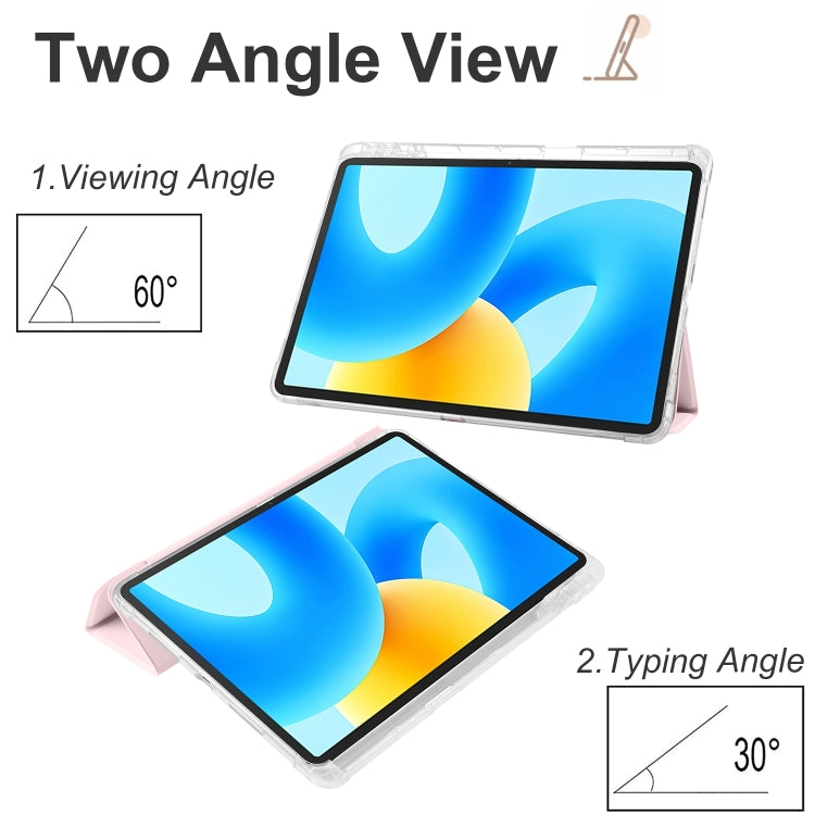 3-fold tablet case with transparent TPU back and pink folio stand for angled viewing
