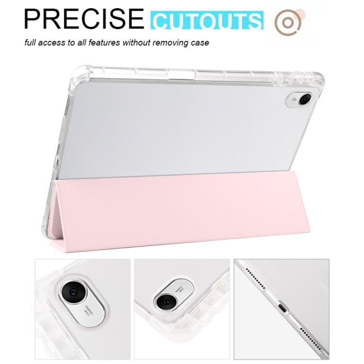 3-fold transparent TPU tablet case with light pink folio cover and precise side cutouts