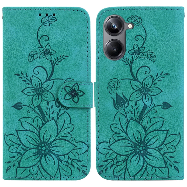 Teal embossed leather phone case with lily floral pattern and magnetic front flap