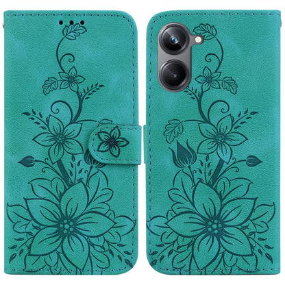 Teal embossed leather phone case with lily floral pattern and magnetic front flap