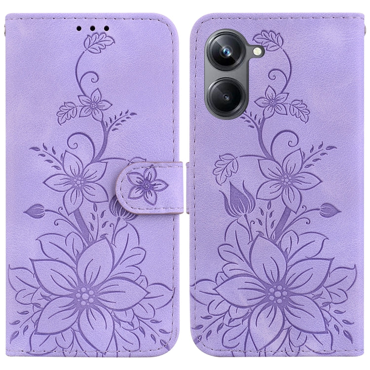 Lavender embossed leather phone case with lily floral pattern and magnetic front flap