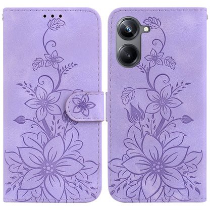 Lavender embossed leather phone case with lily floral pattern and magnetic front flap
