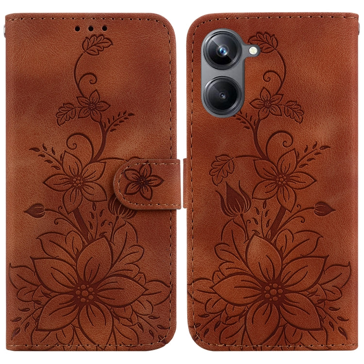 Brown embossed leather phone case with lily floral pattern and magnetic front flap