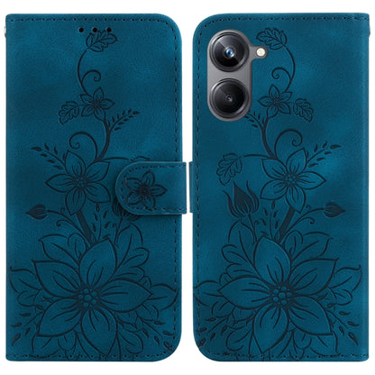 Teal embossed leather phone case with lily floral pattern and magnetic front flap
