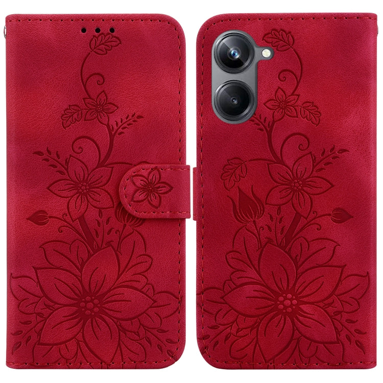 Red embossed leather phone wallet case with floral pattern and flip cover