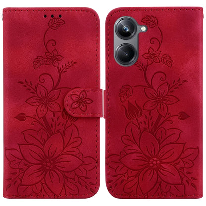 Red embossed leather phone wallet case with floral pattern and flip cover