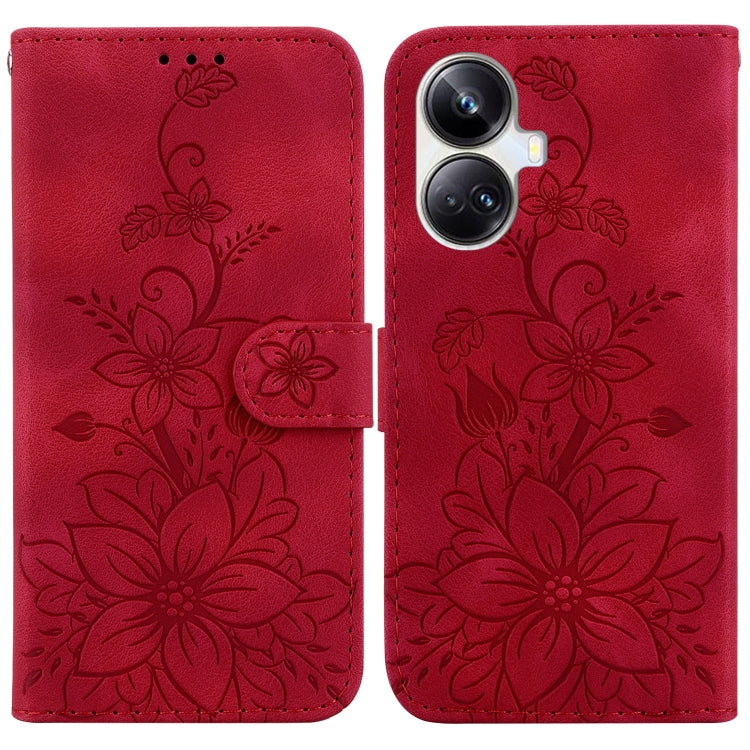 Red embossed leather phone wallet case with floral pattern and flip cover