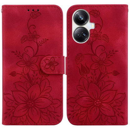 Red embossed leather phone wallet case with floral pattern and flip cover