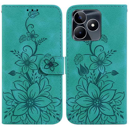 Teal embossed leather flip phone case with floral pattern and multi-lens camera cutout