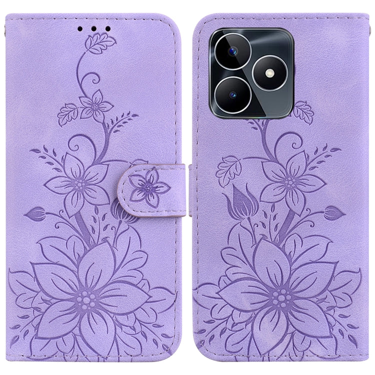 Purple embossed leather flip phone case with floral pattern and multi-lens camera cutout