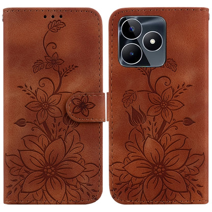 Brown embossed leather wallet phone case with floral design, card slot, and flip cover