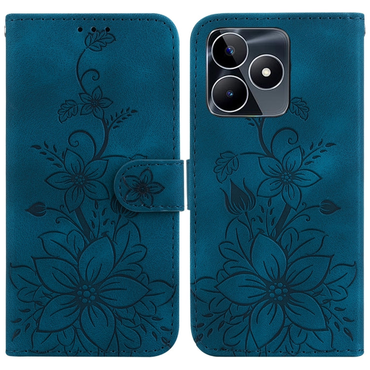Dark blue embossed leather wallet phone case with floral pattern, card slot, and flip cover