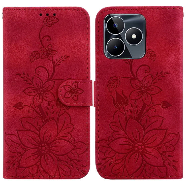 Red embossed leather wallet phone case with floral design, card slot, and flip cover