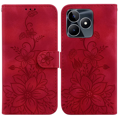 Red embossed leather wallet phone case with floral design, card slot, and flip cover