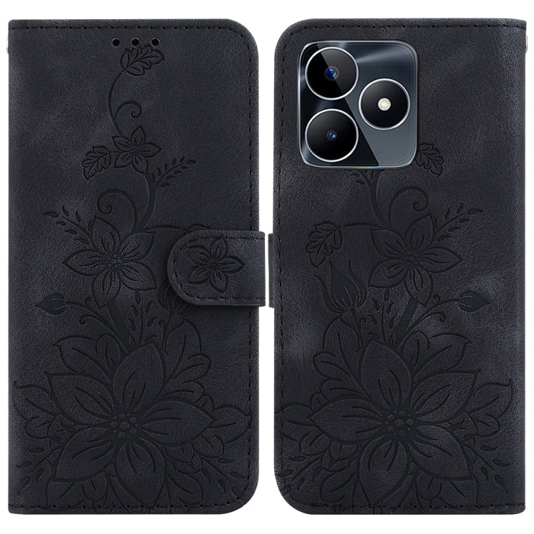 Black embossed leather wallet phone case with floral pattern, card slot, and flip cover
