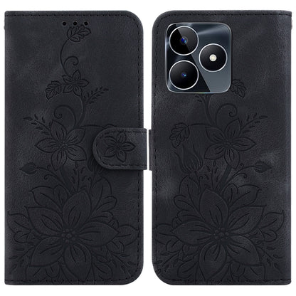 Black embossed leather wallet phone case with floral pattern, card slot, and flip cover