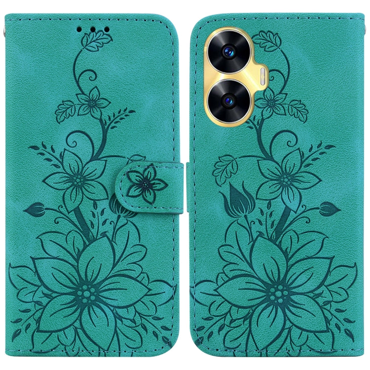 Teal embossed leather phone case with lily floral pattern and magnetic front flap