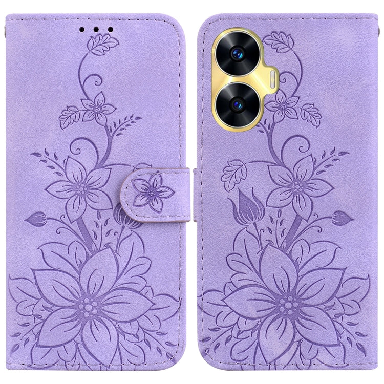 Lavender embossed leather phone case with lily floral pattern and magnetic front flap