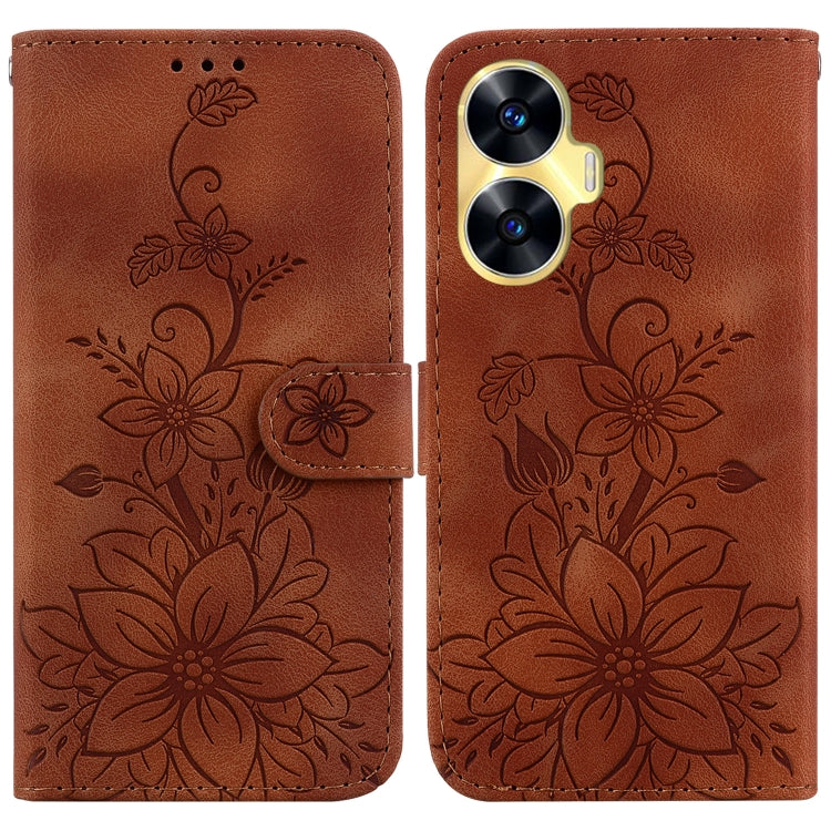 Brown embossed leather phone case with lily floral pattern and magnetic front flap