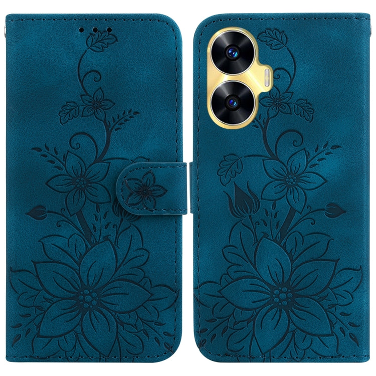 Teal embossed leather phone case with lily floral pattern and magnetic front flap