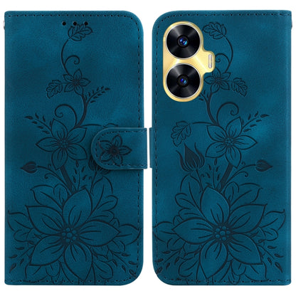 Teal embossed leather phone case with lily floral pattern and magnetic front flap