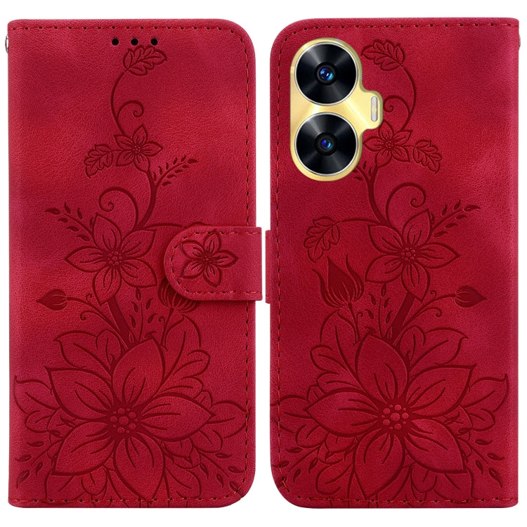 Red embossed leather phone case with lily floral pattern and magnetic front flap