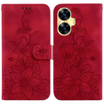 Red embossed leather phone case with lily floral pattern and magnetic front flap