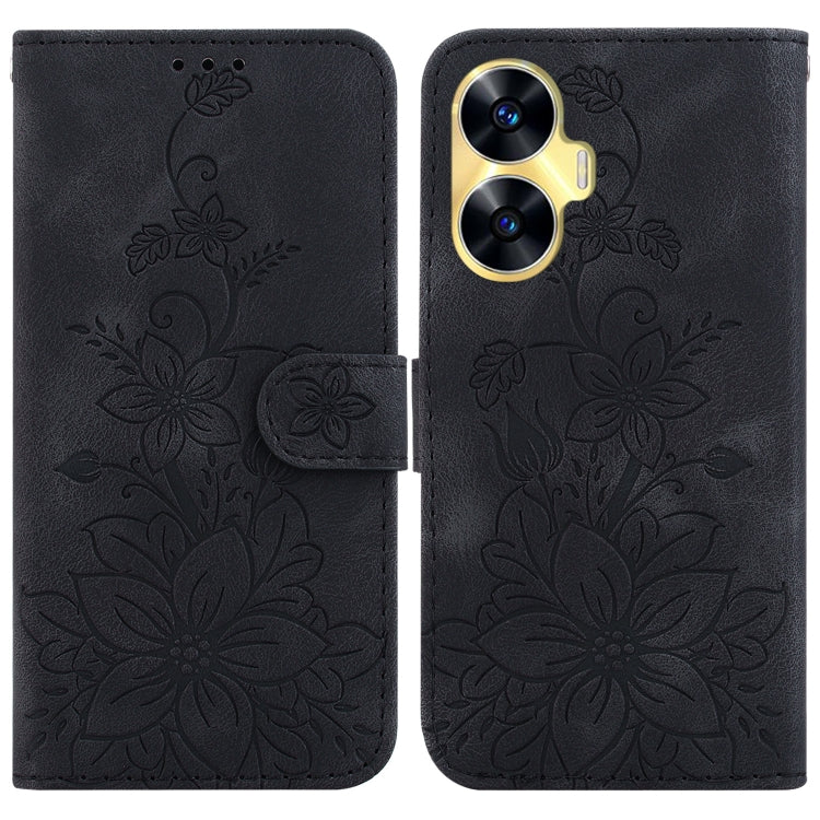 Dark gray embossed leather phone case with lily floral pattern and magnetic front flap