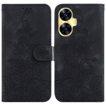 Dark gray embossed leather phone case with lily floral pattern and magnetic front flap