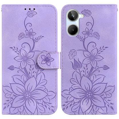 Lavender embossed leather phone wallet case with floral pattern and flip cover