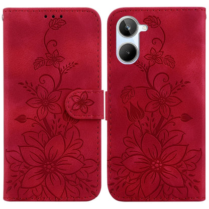 Red embossed leather folio phone case with floral pattern and magnetic closure