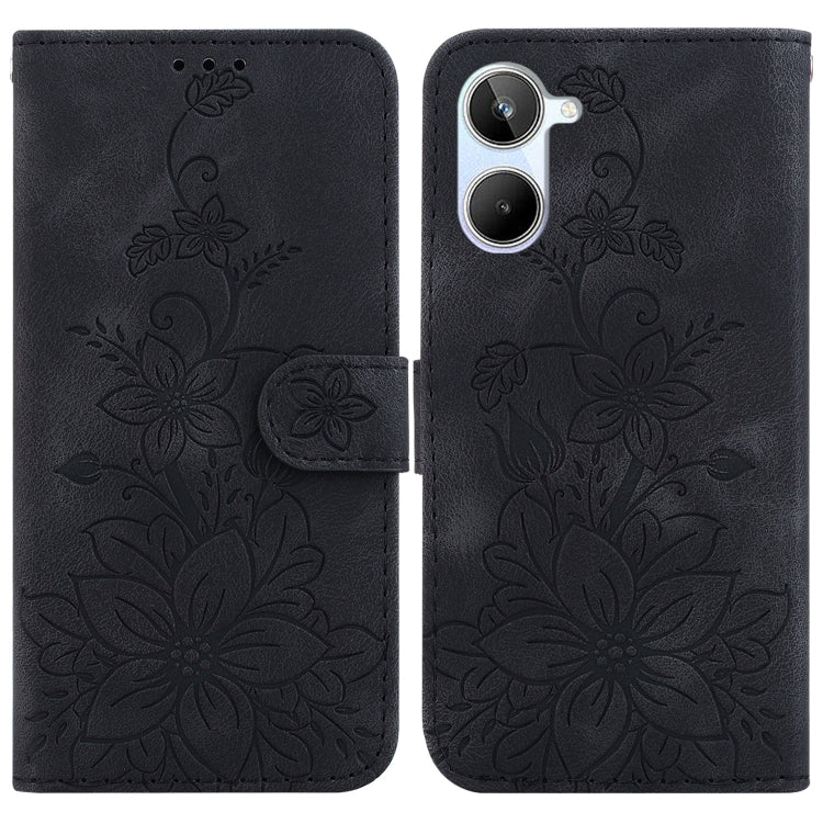 Black embossed leather folio phone case with floral pattern and magnetic flap