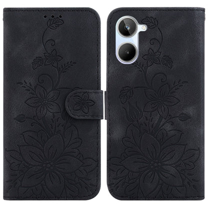 Black embossed leather folio phone case with floral pattern and magnetic flap