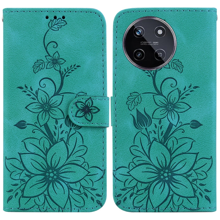 Embossed leather phone case in teal with floral design, flip cover, and strap closure