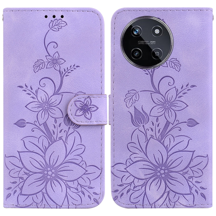 Embossed leather phone case in lavender with floral design, flip cover, and strap closure