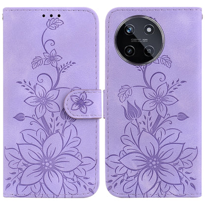 Embossed leather phone case in lavender with floral design, flip cover, and strap closure