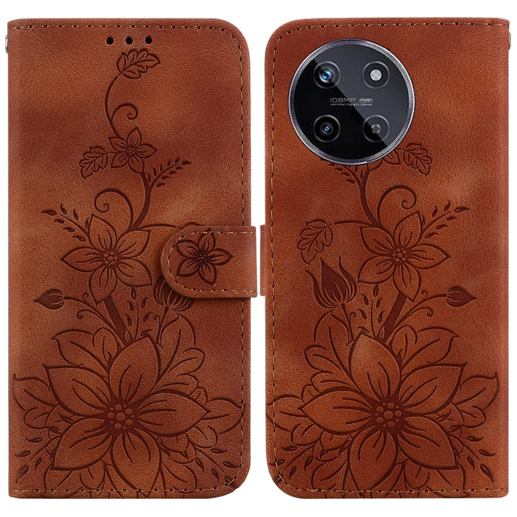 Embossed leather phone case in brown with floral design, flip cover, and strap closure