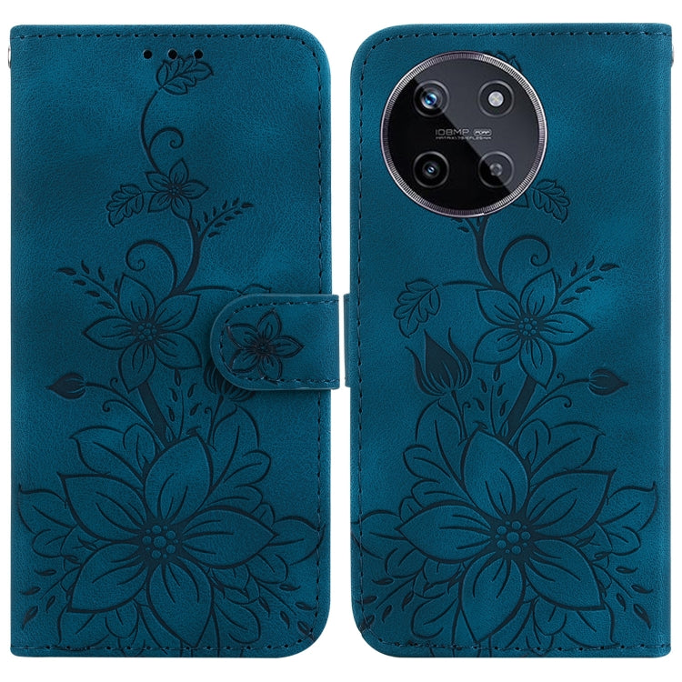 Embossed leather phone case in dark blue with floral design, flip cover, and strap closure